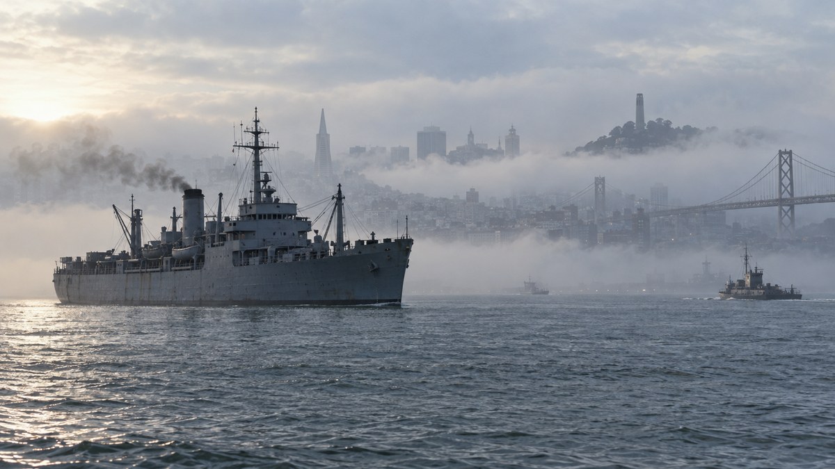 Un navire militaire dans la brume de la baie de San Francisco